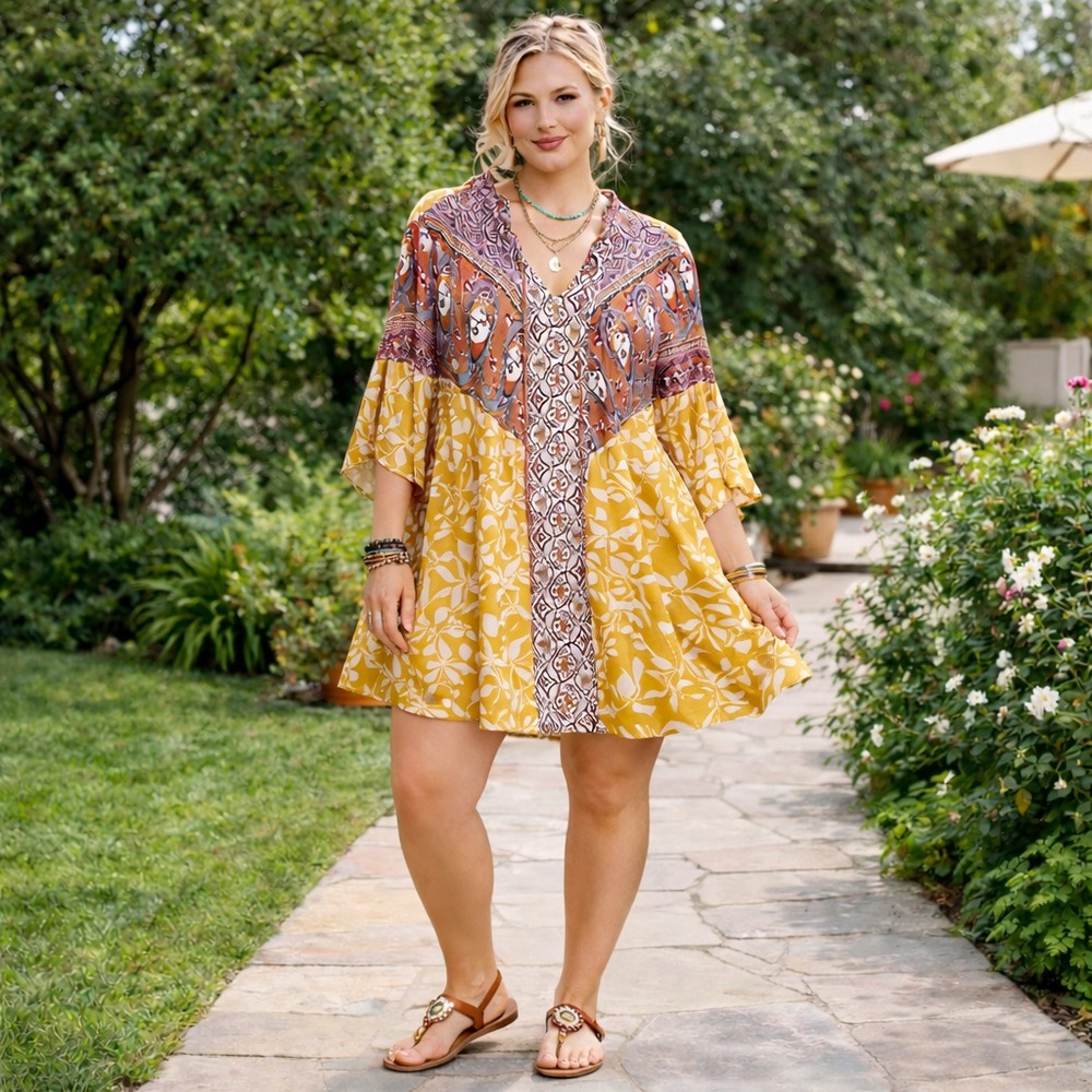 UMGEE Yellow Multi Floral Patchwork Flowy Mini Dr… - image 1